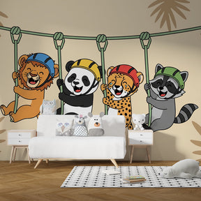 Children's adventure animal wallpaper featuring lion, panda, leopard and raccoon in bright playroom setting