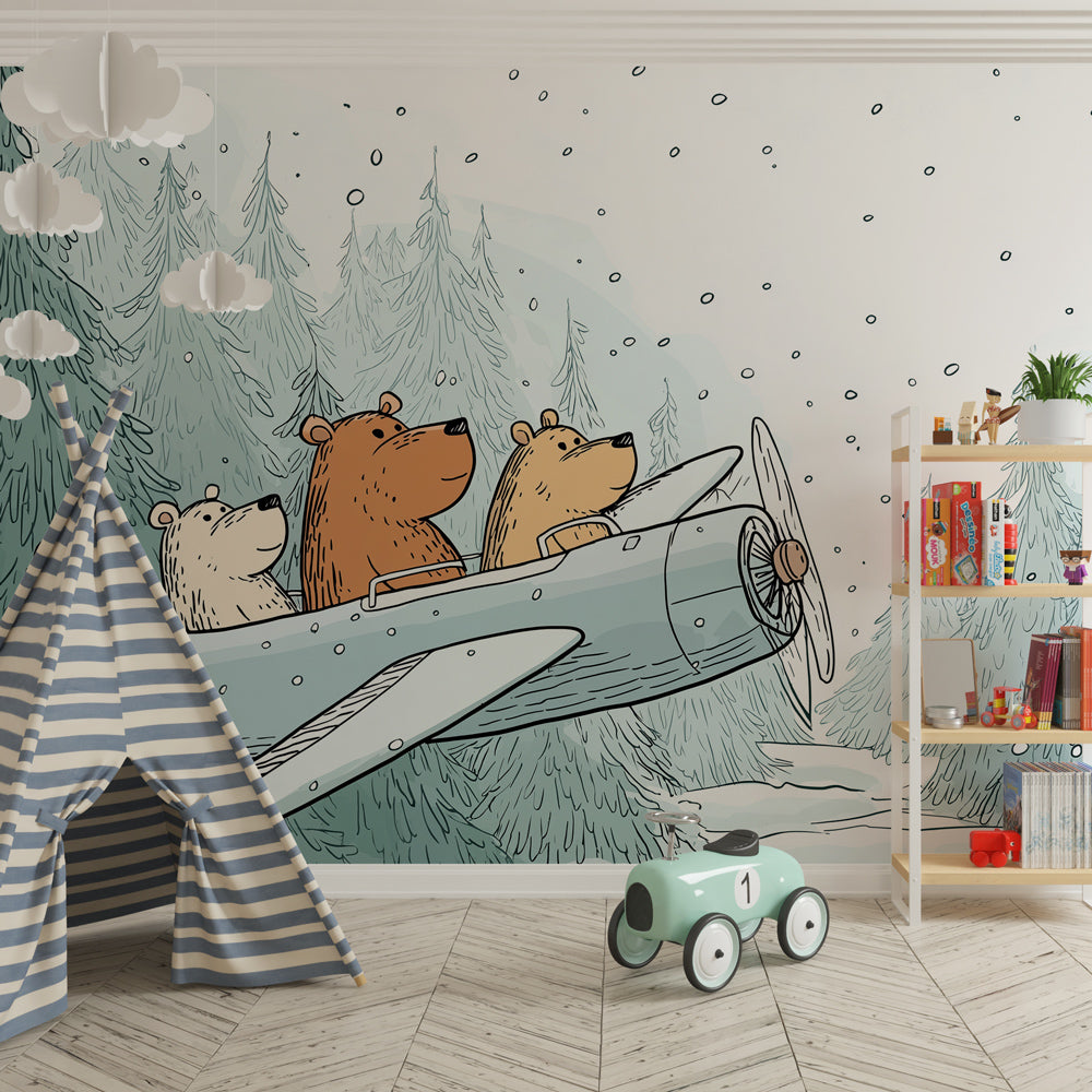 Winter adventure bears wallpaper with airplane theme for playroom by Kids-Mundo