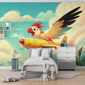 Bird pilot wallpaper creating magical aviation-themed children's bedroom decor with clouds