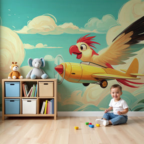 Adventure bird mural wallpaper with yellow airplane in turquoise sky for modern nursery by Kids-Mundo