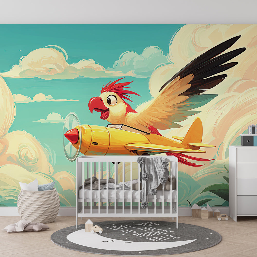 Flying bird airplane mural wallpaper transforming toddler room into sky adventure space