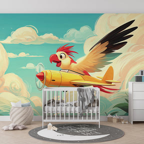Flying bird airplane mural wallpaper transforming toddler room into sky adventure space
