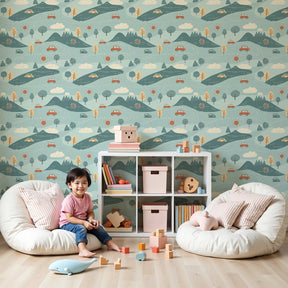 Adventure cars mural wallpaper creating scenic nursery decor with nature landscape by Kids-Mundo