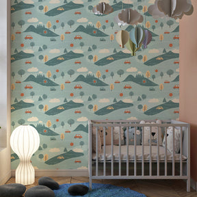 Cars and landscape mural wallpaper transforming children's playroom into adventure zone by Kids-Mundo