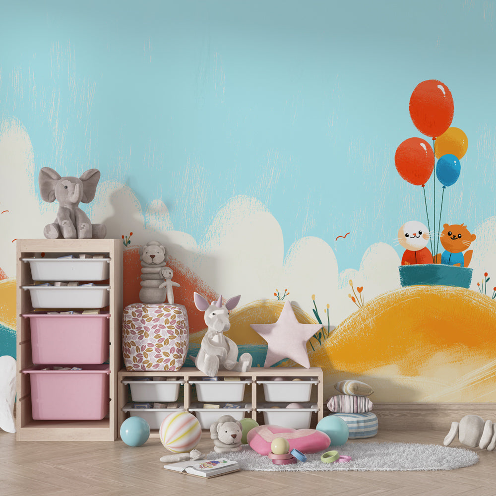 Colorful hills wallpaper creating whimsical kids bedroom decor with animal characters