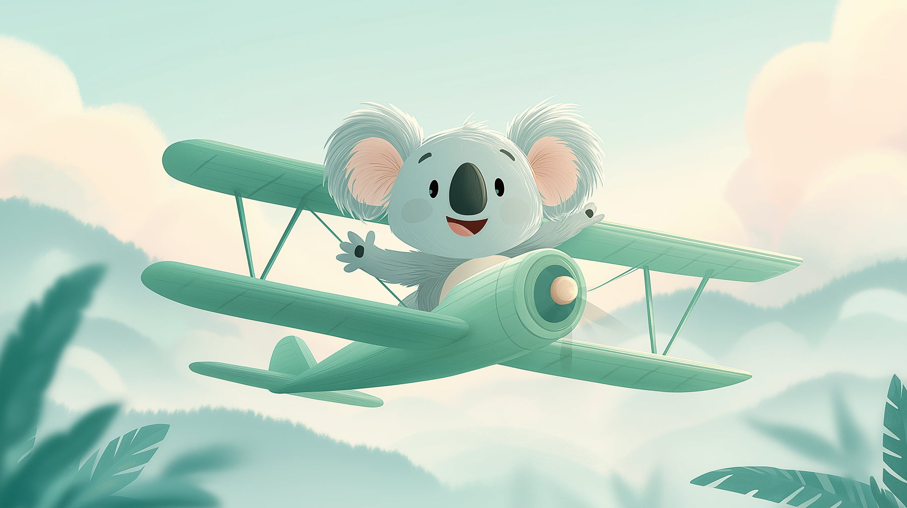 Detailed adventure koala pilot mural wallpaper design pattern with clouds and airplane by Kids-Mundo