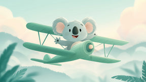 Detailed adventure koala pilot mural wallpaper design pattern with clouds and airplane by Kids-Mundo