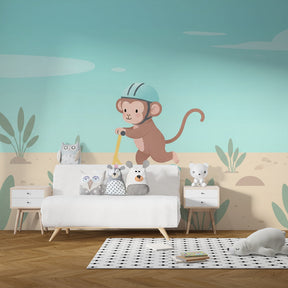 Monkey scooter wallpaper creating playful atmosphere in children's bedroom decor