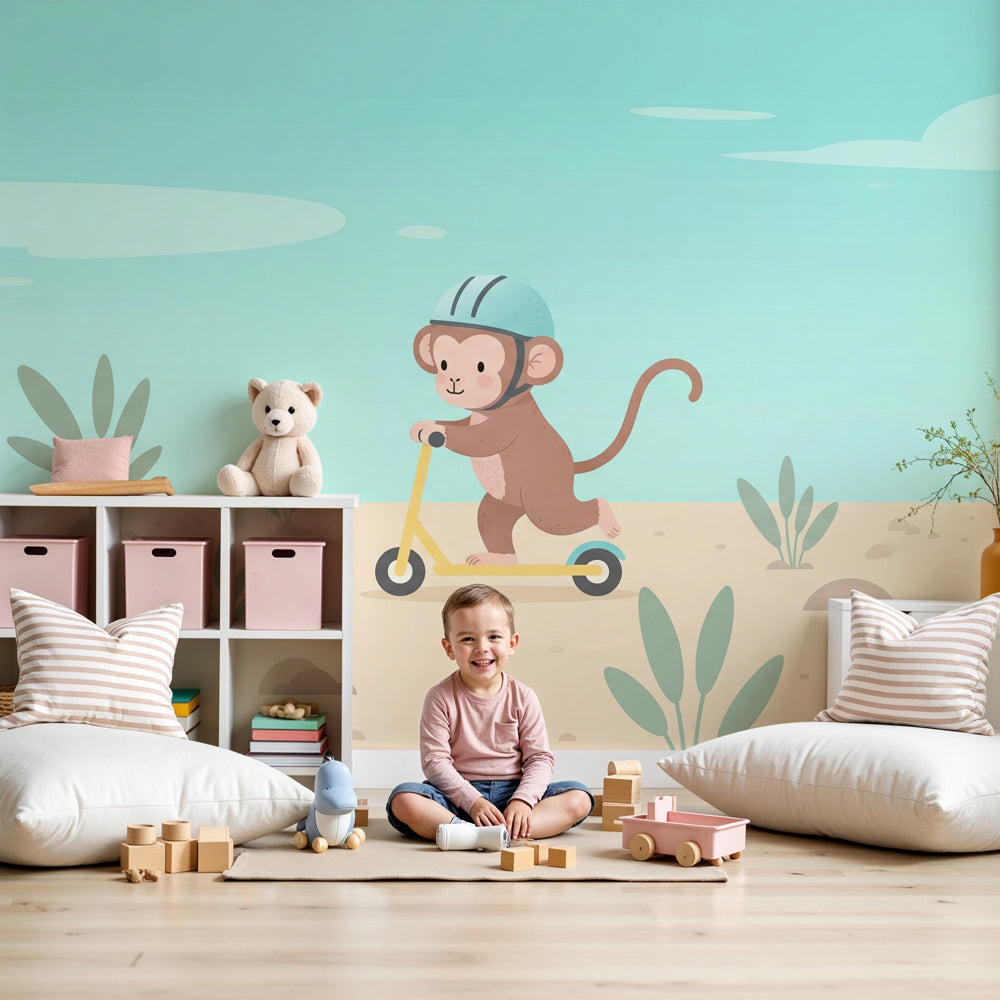 Adventure monkey mural wallpaper in modern nursery with natural wood furniture by Kids-Mundo