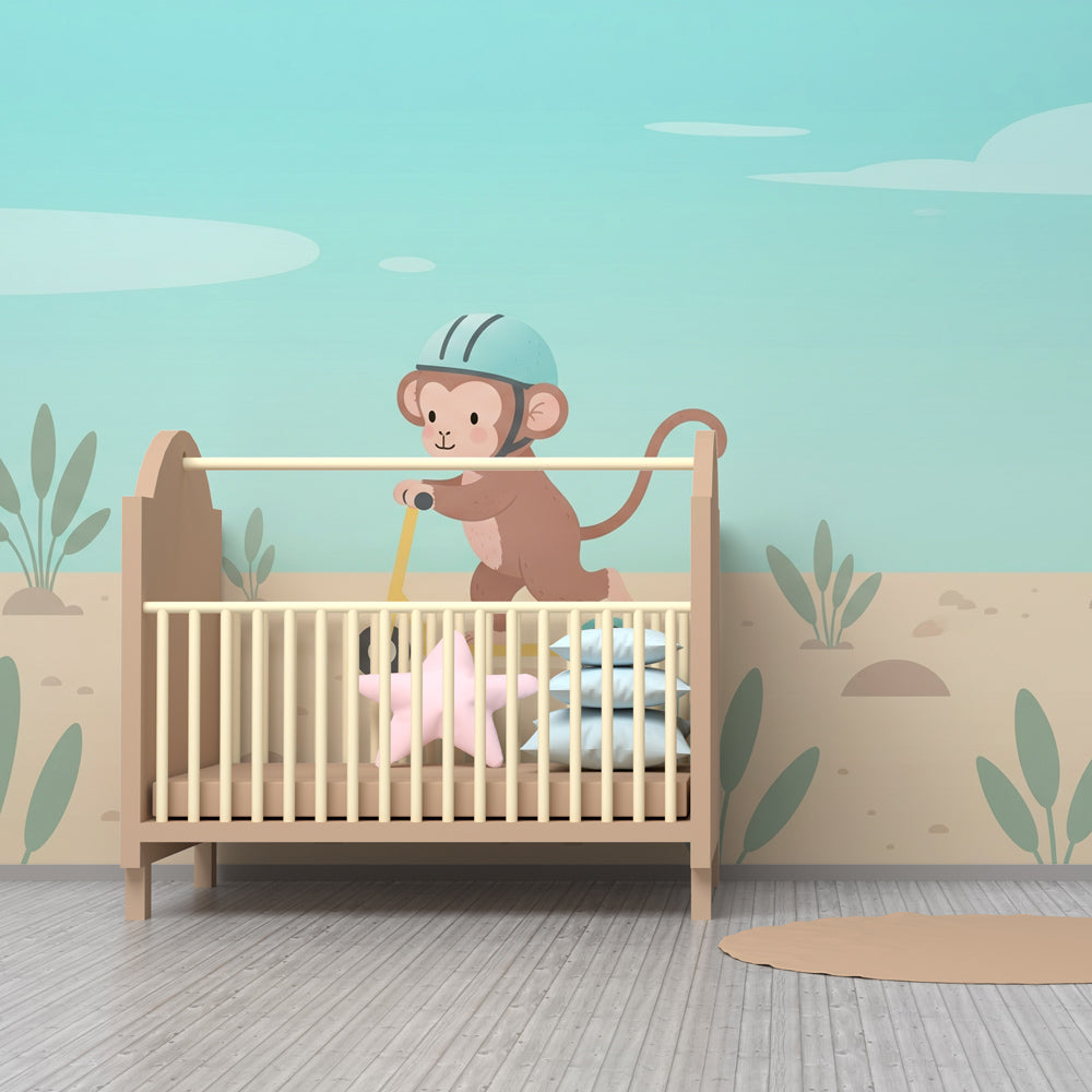Safari adventure wallpaper with monkey explorer transforming kids playroom space