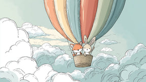 Detailed fox and rabbit hot air balloon mural wallpaper design pattern with clouds by Kids-Mundo