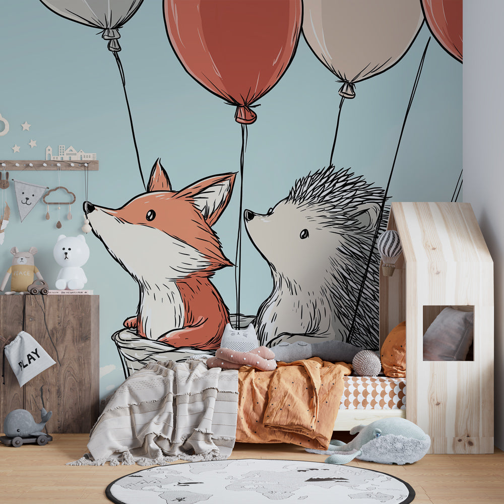 Hot air balloon adventure wallpaper transforming kids playroom with woodland animals