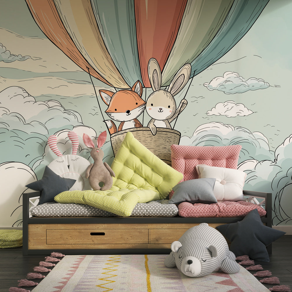 Animal adventure wallpaper transforming kids playroom with fox and rabbit balloon scene by Kids-Mundo