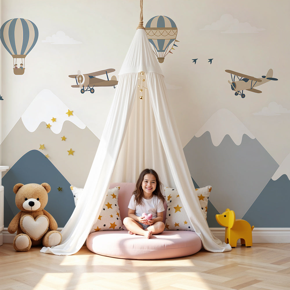 Adventure sky mural wallpaper with hot air balloons in modern nursery by Kids-Mundo