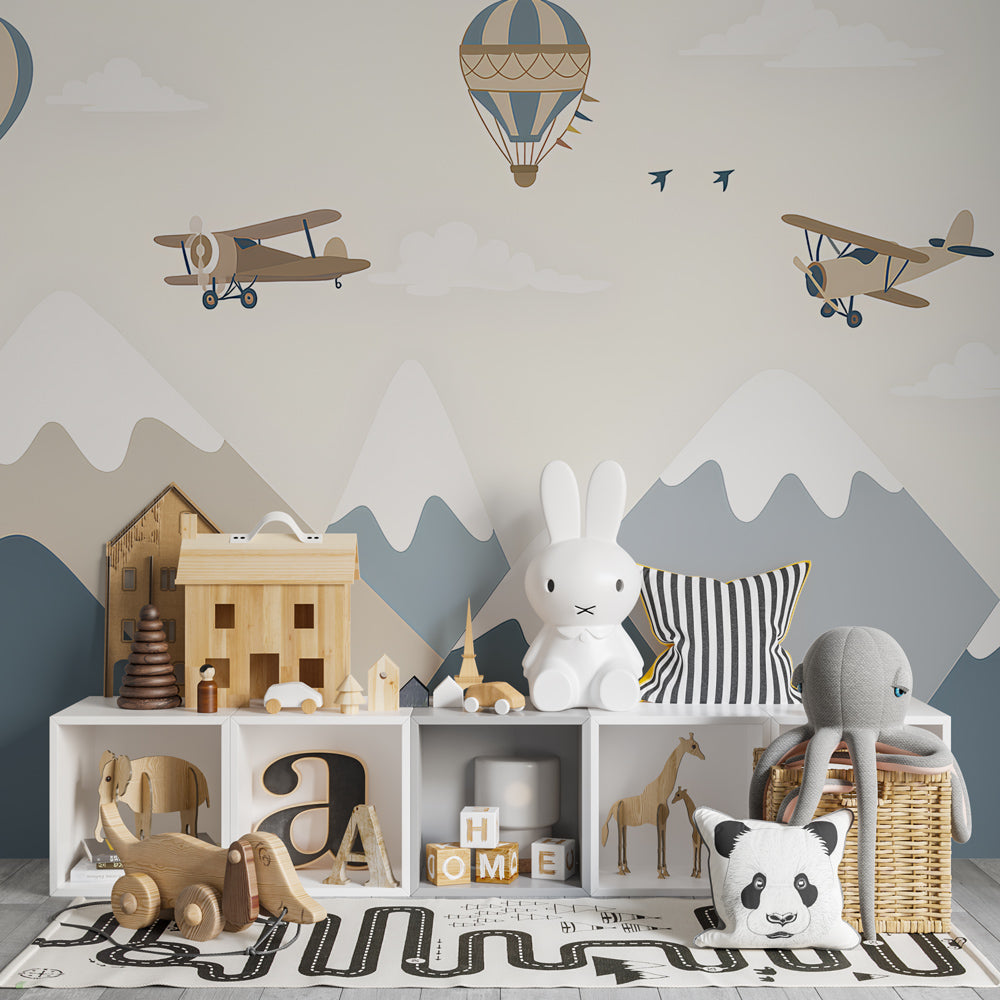 Aviation themed mural wallpaper transforming children's playroom into adventure zone