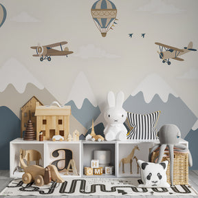 Aviation themed mural wallpaper transforming children's playroom into adventure zone