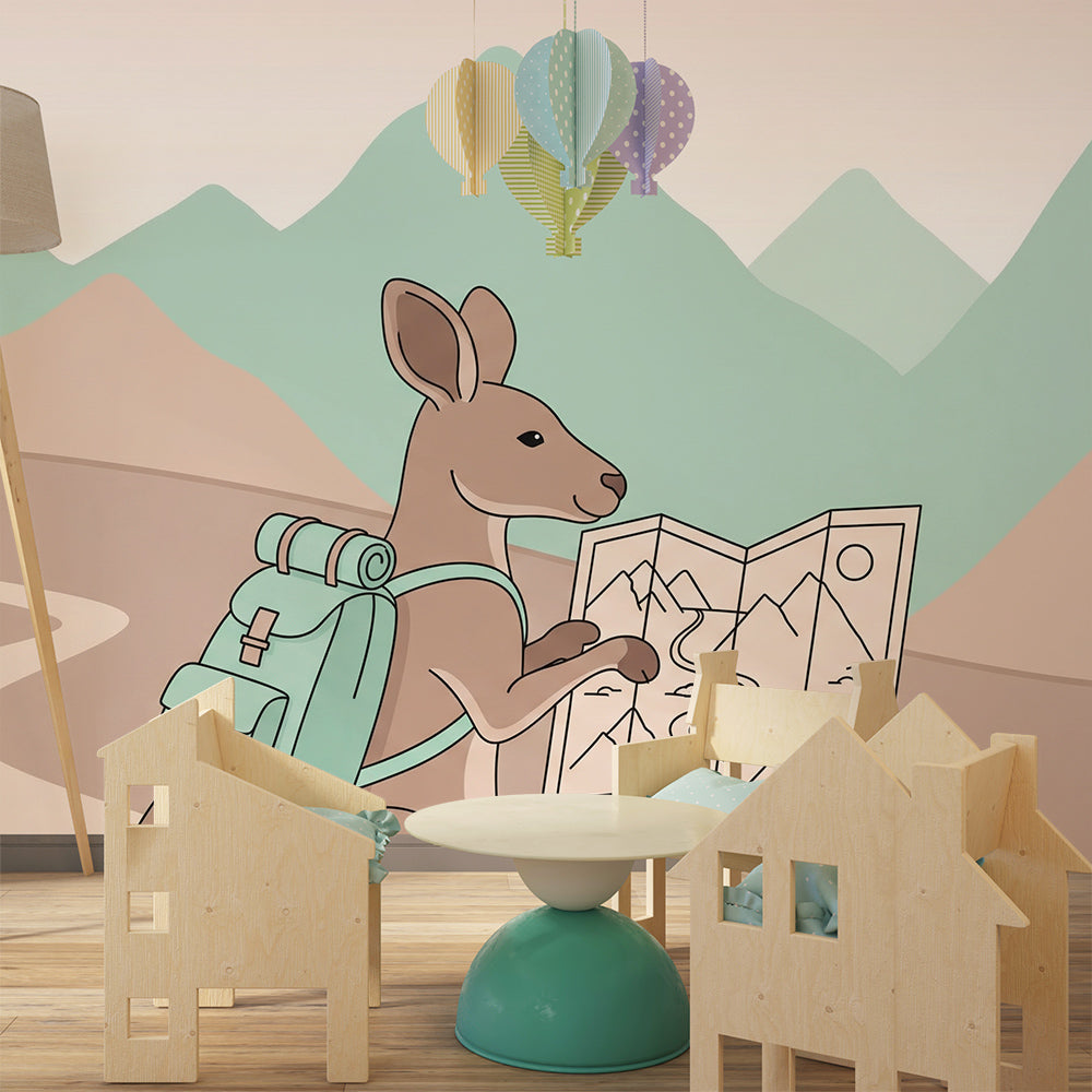 Kids-Mundo kangaroo with map wall mural on a feature wall in a kids bedroom