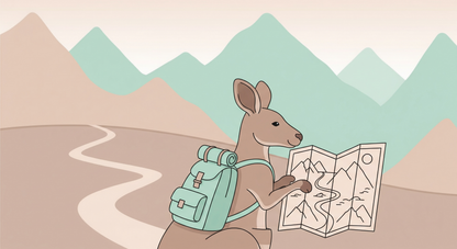 Kids-Mundo flat artwork of an adventurous kangaroo holding a map near mountains