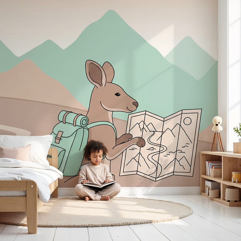 Kids-Mundo adventurous kangaroo wall mural styled in a soft pastel nursery room