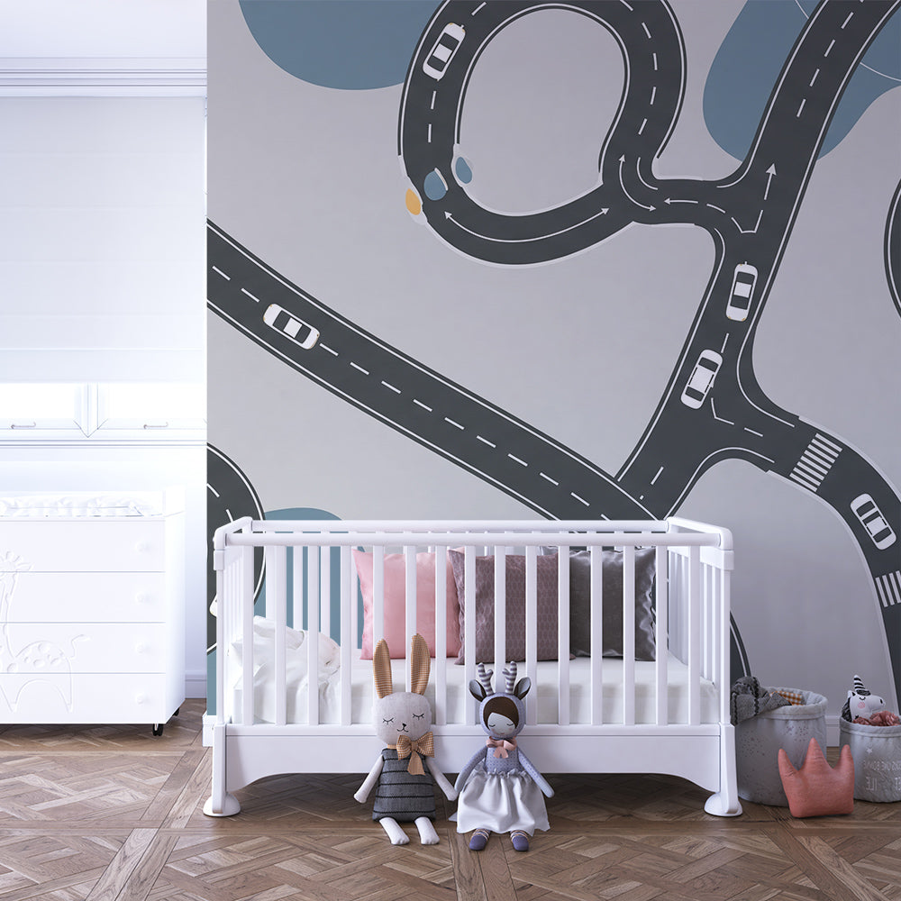Kids-Mundo toy car road mural with roundabouts covering a feature wall in a kids' bedroom