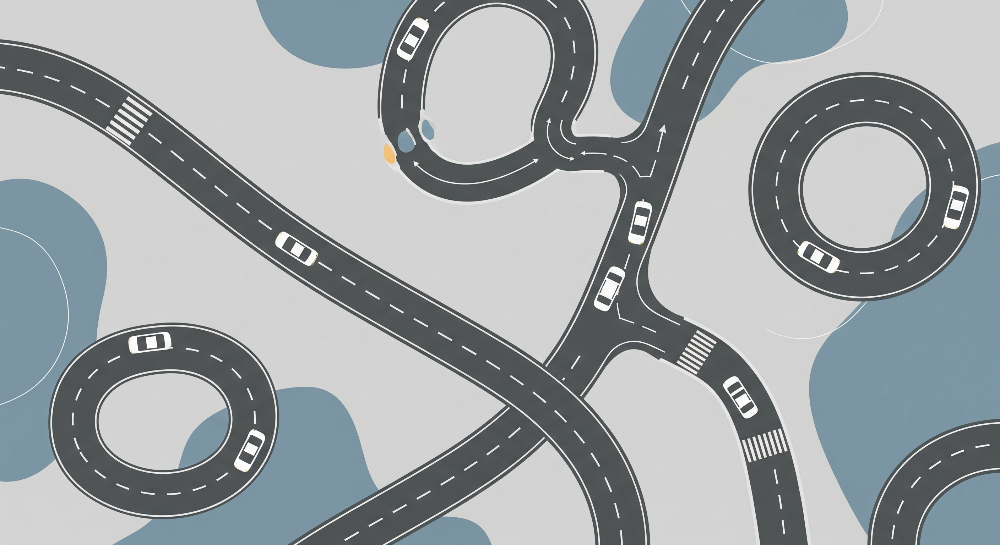 Kids-Mundo flat artwork of a winding grey road with roundabouts and small stylised toy cars