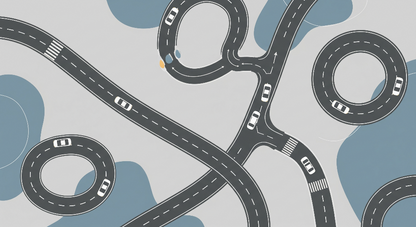 Kids-Mundo flat artwork of a winding grey road with roundabouts and small stylised toy cars