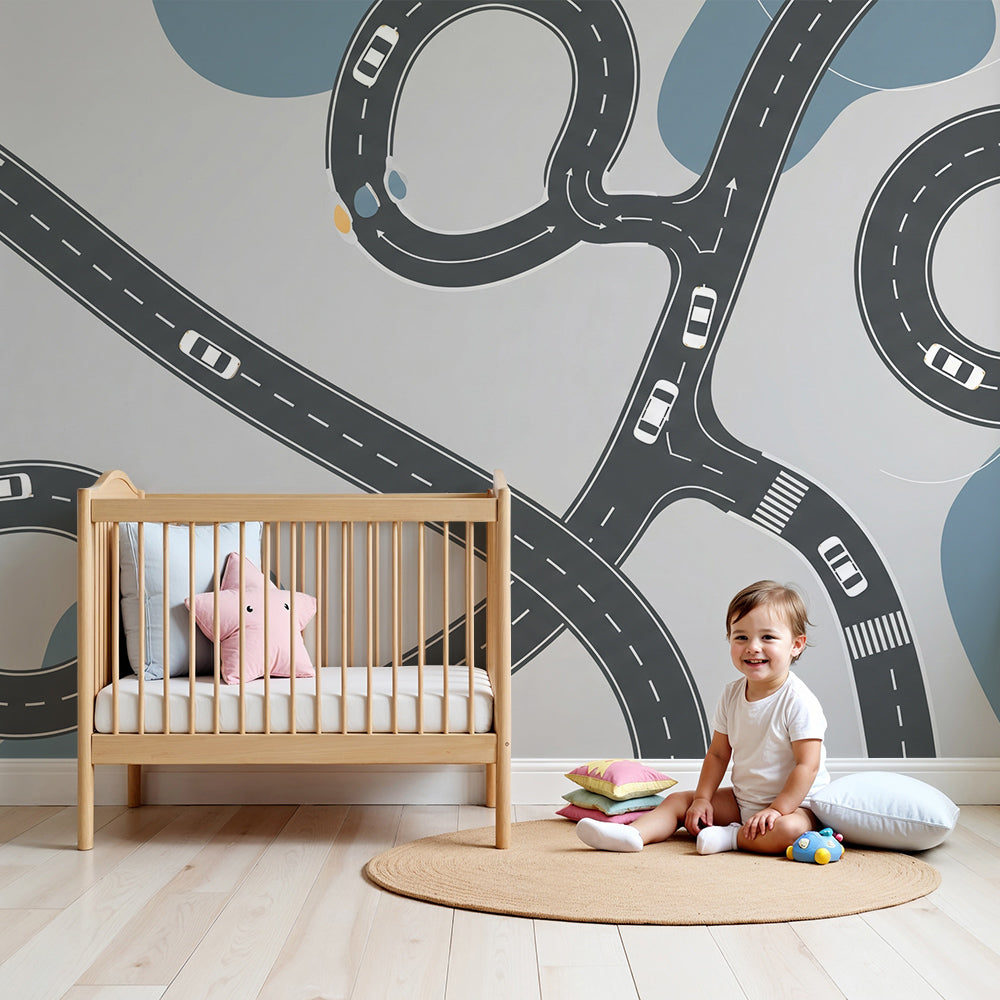 Kids-Mundo aerial road wall mural with toy cars styled in a bright, playful nursery