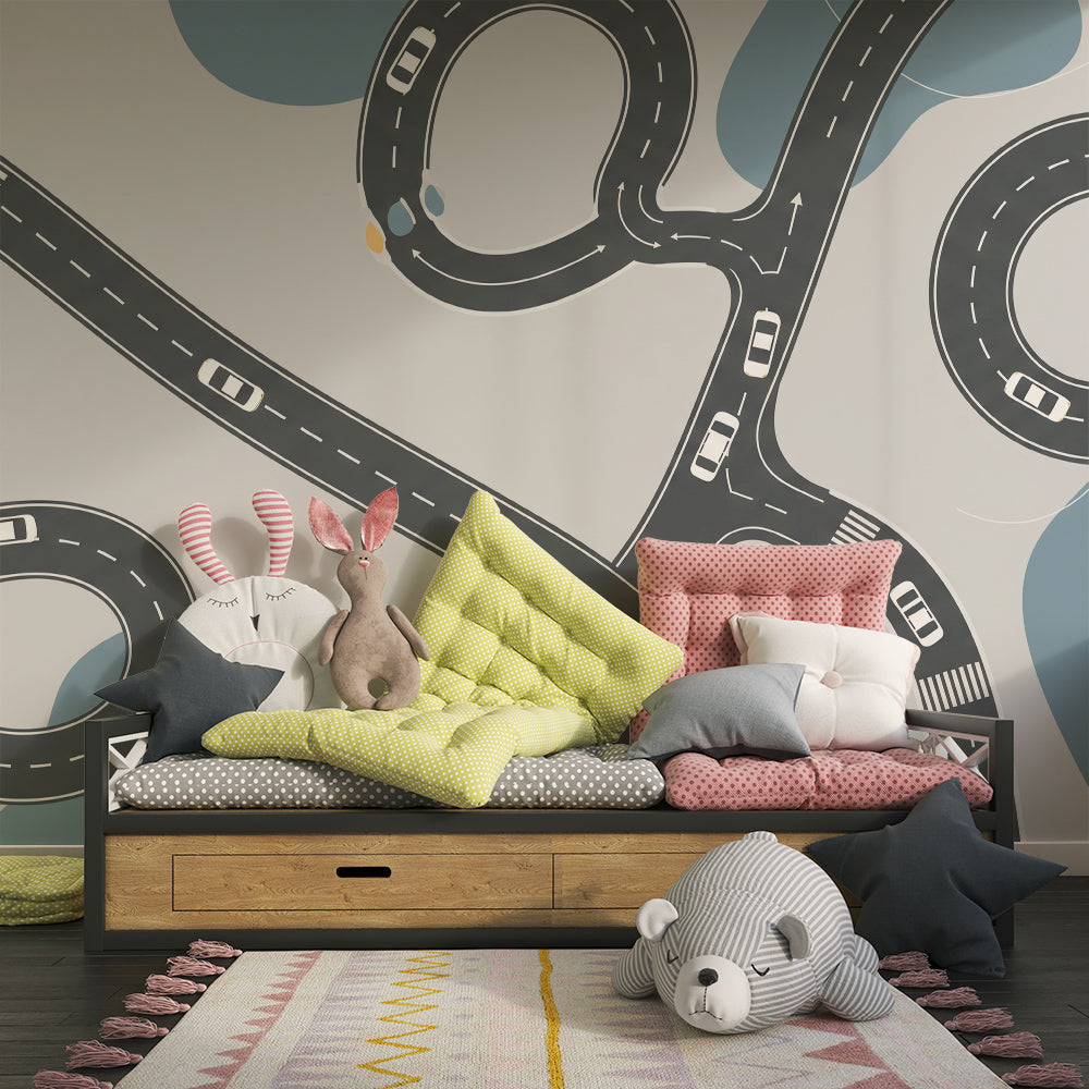 Kids-Mundo aerial road wall mural bringing a busy toy car scene to a children's playroom