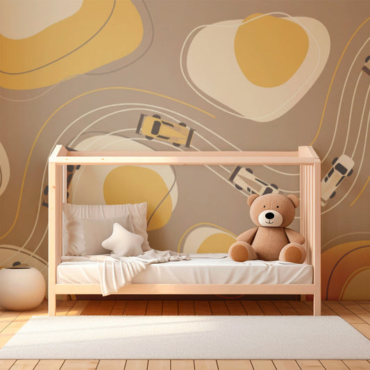 Kids-Mundo winding road and car mural mockup on a kids bedroom feature wall