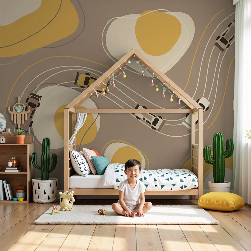 Kids-Mundo aerial road trip car wall mural styled in a modern nursery room