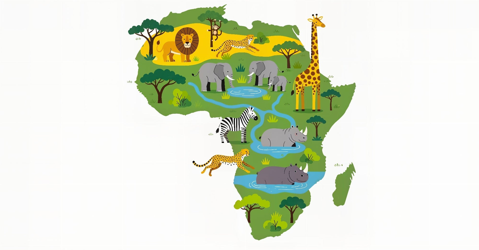 Flat artwork of the Kids-Mundo Africa jungle design with elephants, zebra and lion