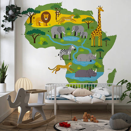 Kids-Mundo jungle animals wall mural with lion and zebra in a children's playroom