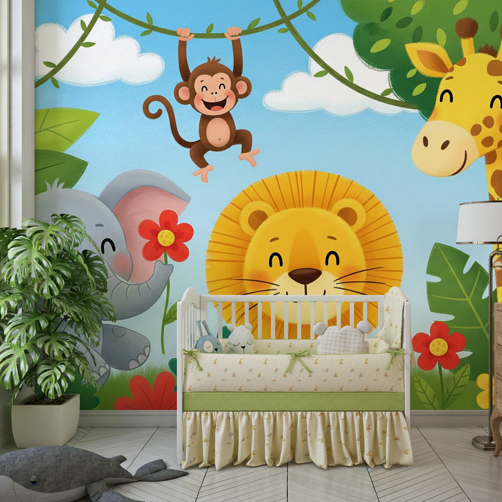 Jungle animals wallpaper transforming children's playroom into African adventure space