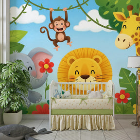 Jungle animals wallpaper transforming children's playroom into African adventure space