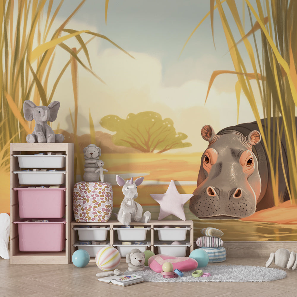 Peaceful hippopotamus mural wallpaper in kids playroom with natural wood furniture by Kids-Mundo