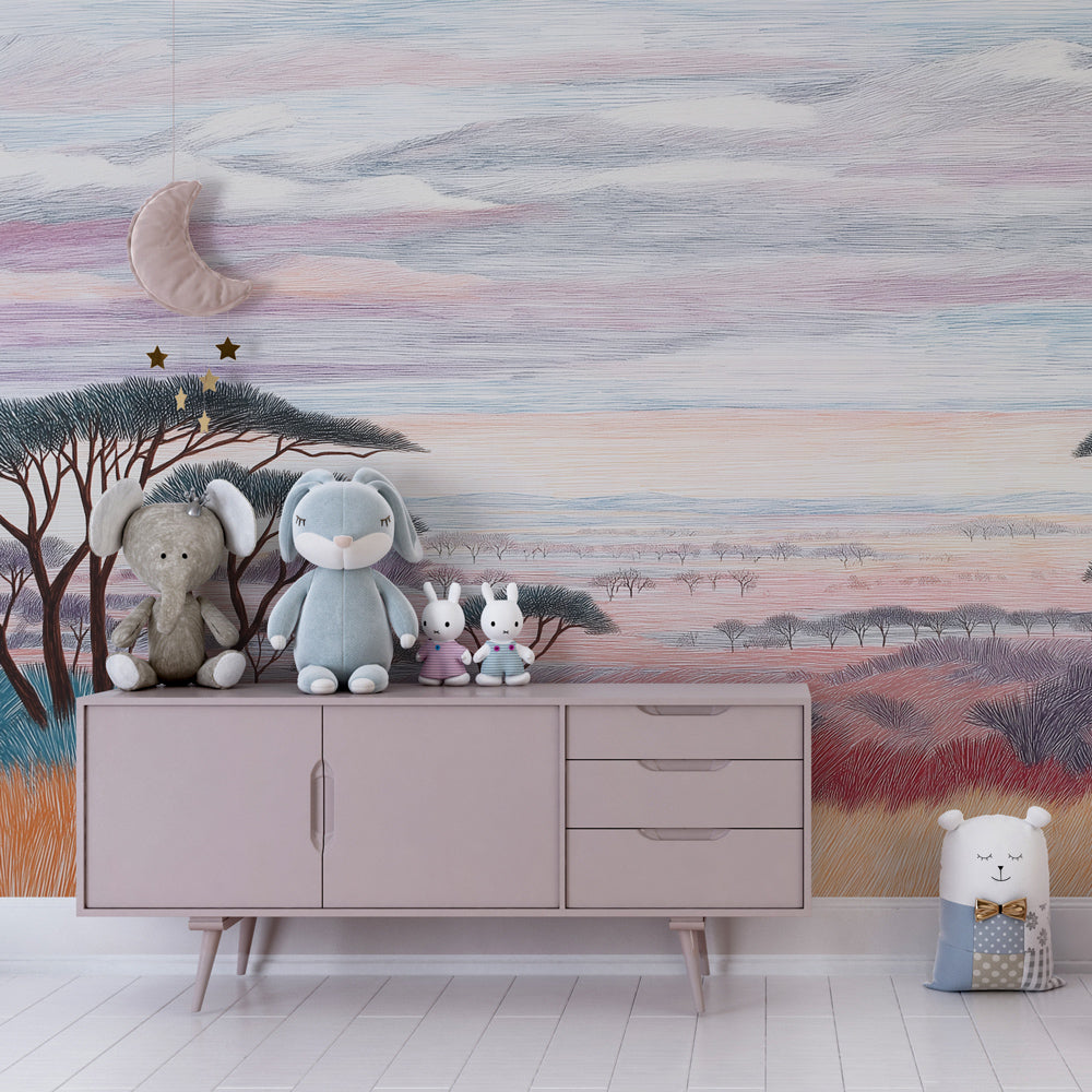 Safari sunset wallpaper transforming kids bedroom with majestic acacia trees and colorful sky