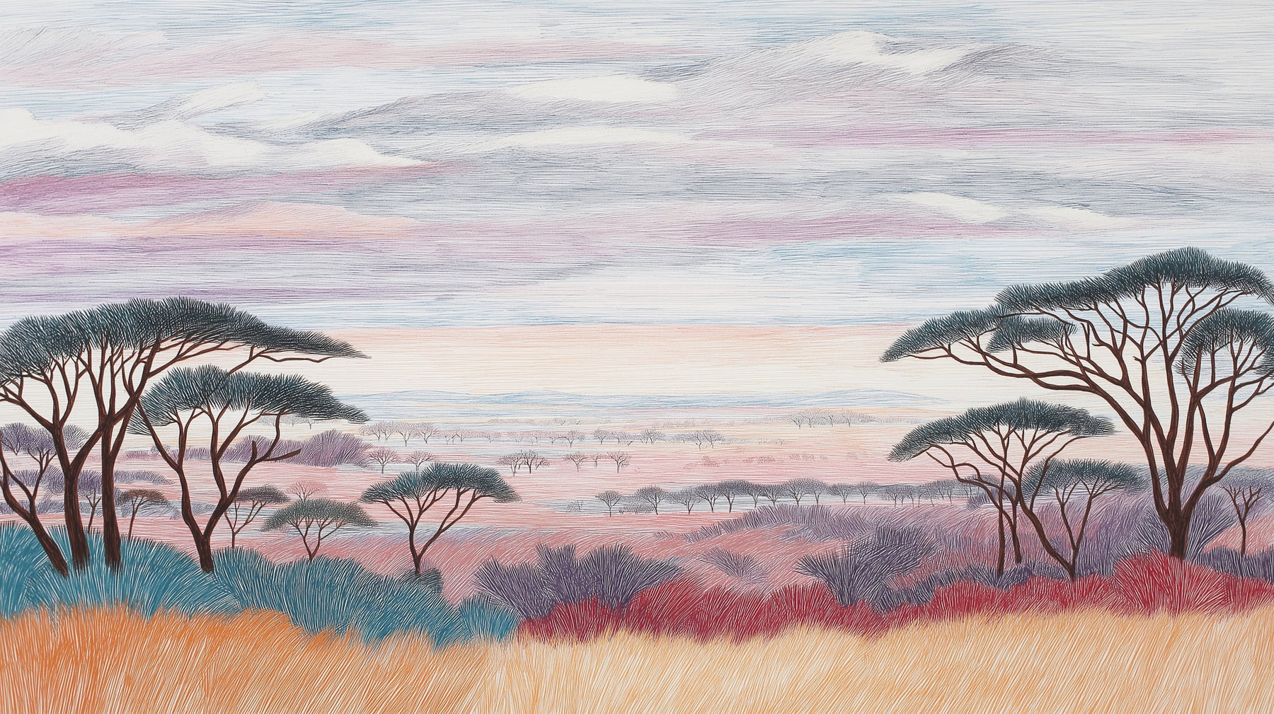 Detailed African landscape mural wallpaper design pattern showing savanna sunset by Kids-Mundo