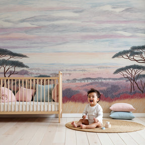 African landscape mural wallpaper with savanna trees creating serene nursery decor by Kids-Mundo