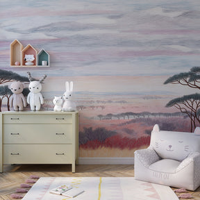 African savanna mural wallpaper creating adventure-themed playroom with warm sunset colors