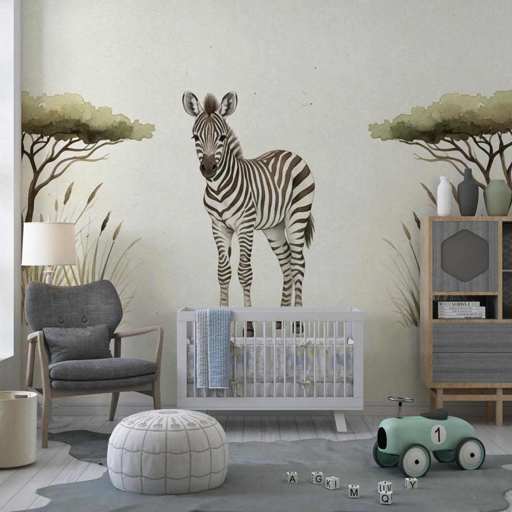 Elegant giraffe safari mural wallpaper creating peaceful children's bedroom atmosphere with beige tones