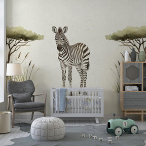 Elegant giraffe safari mural wallpaper creating peaceful children's bedroom atmosphere with beige tones