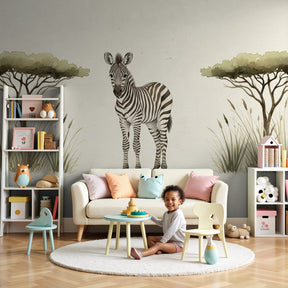 African safari giraffe mural wallpaper in modern nursery with natural wood crib by Kids-Mundo