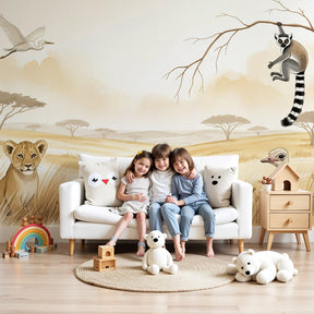 African safari mural wallpaper with lioness and animals in modern nursery by Kids-Mundo