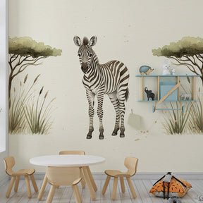Safari themed giraffe mural wallpaper transforming toddler room into African adventure space