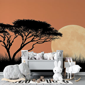 Children's bedroom featuring African landscape mural wallpaper with moon and tree design