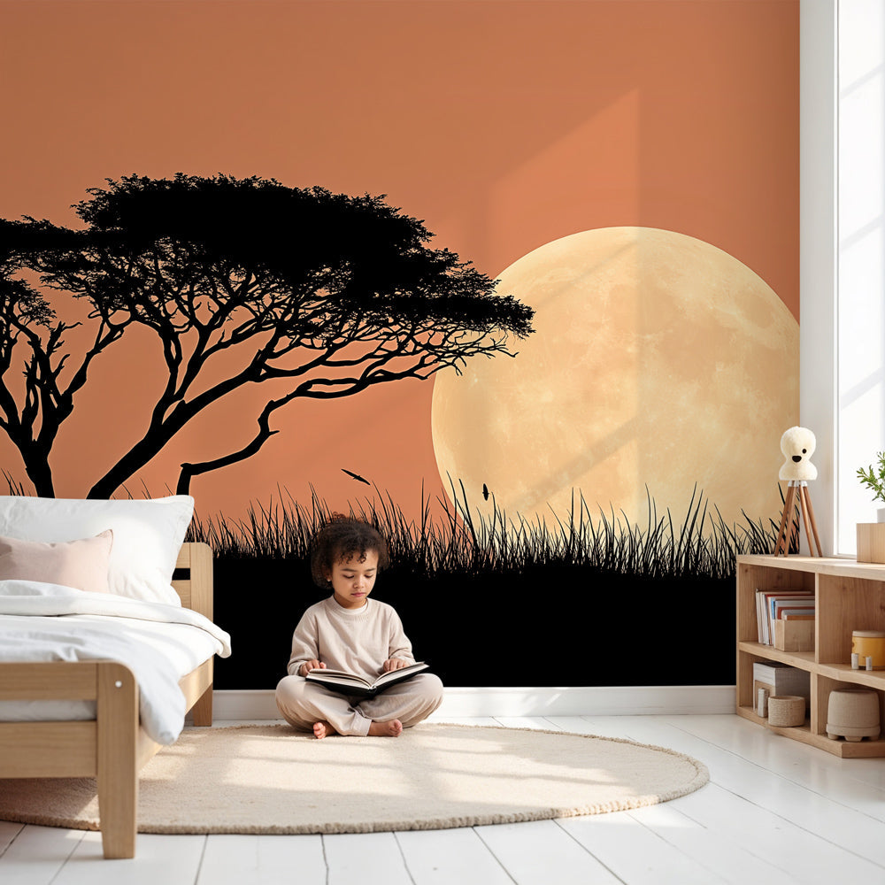African savanna starry night mural wallpaper in modern nursery with acacia tree silhouette by Kids-Mundo