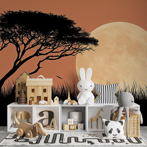 Playroom decor with African savanna night sky mural wallpaper creating magical atmosphere