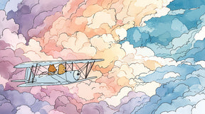 Detailed airplane adventure mural wallpaper design pattern featuring animals and pastel clouds by Kids-Mundo