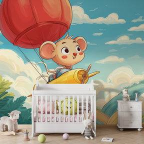 Colorful airplane wallpaper creating aviation themed kids bedroom with clouds and balloons