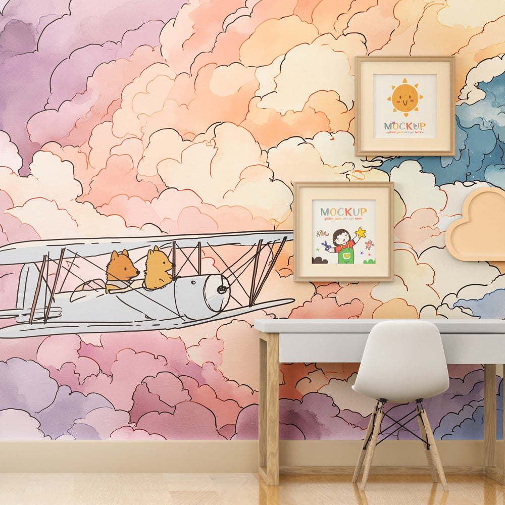 Playroom decorated with airplane adventure mural wallpaper showing animals flying through dreamy clouds